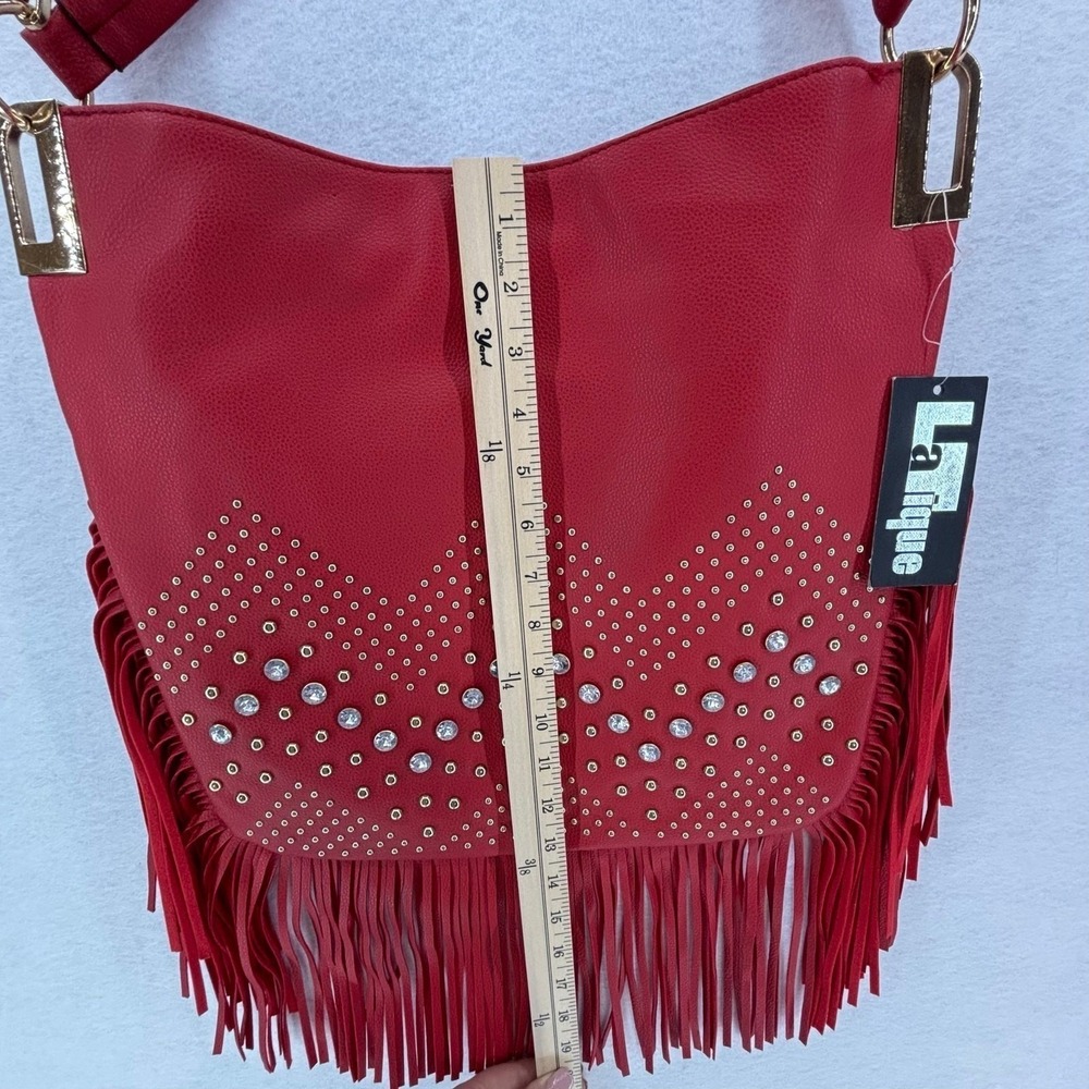 LaTique Red Studded Fringe Hobo Bag Vegan Leather Boho Western Festival Cowgirl - Picture 10 of 13